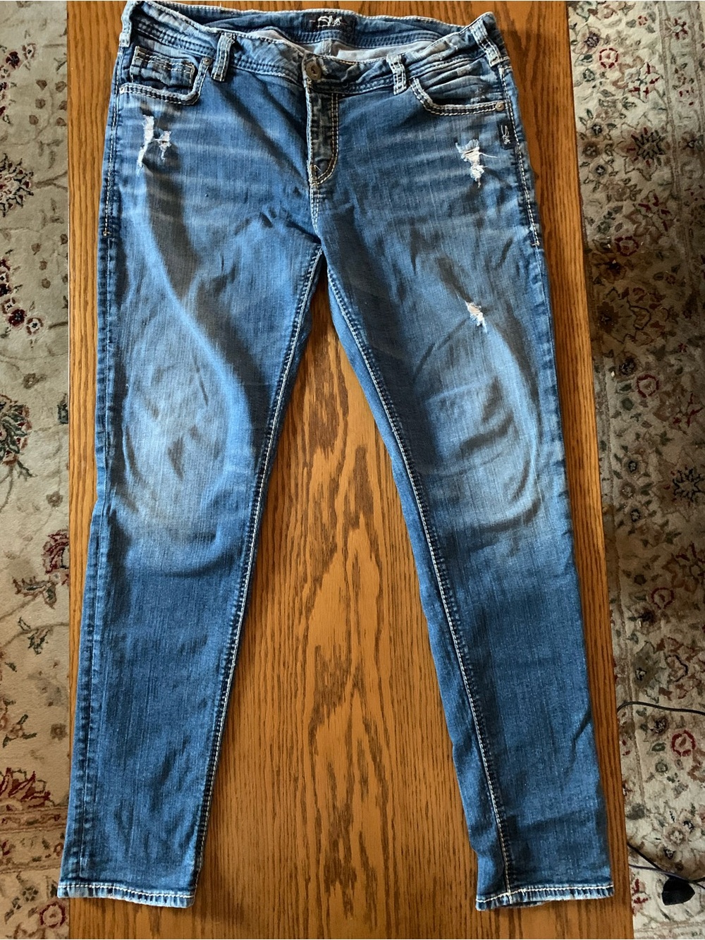 Silver Jeans Medium Blue Skinny Jeans with Distressed Details